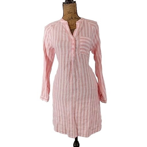 Martha Stewart Dress Xs 100% Linen Pink Striped Long Sl Pocket 3 Button Front